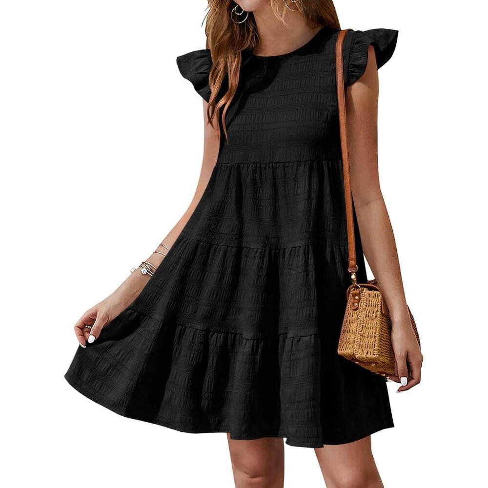 Summer Dress Women Ruffle Sleeve Babydoll Mini Casual Beach Flowy Dress
